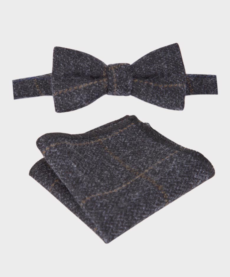 Boys Tweed Check Bow Tie and Hanky Set - Charcoal Grey - Brown