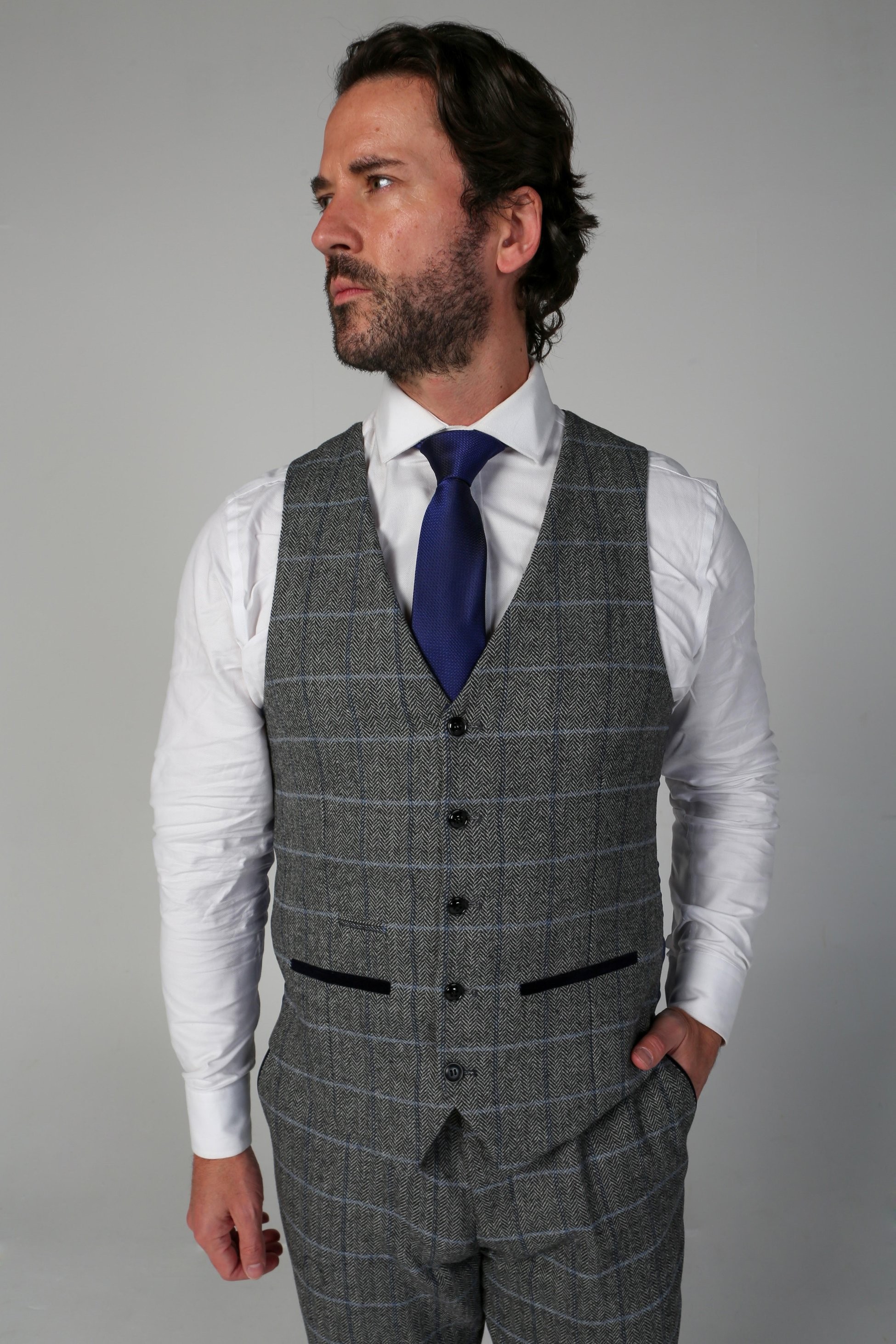Herren Harris Tweed Retro 3-Teiler Windowpane Anzug für Hochzeit & Besondere Anlässe - Grey