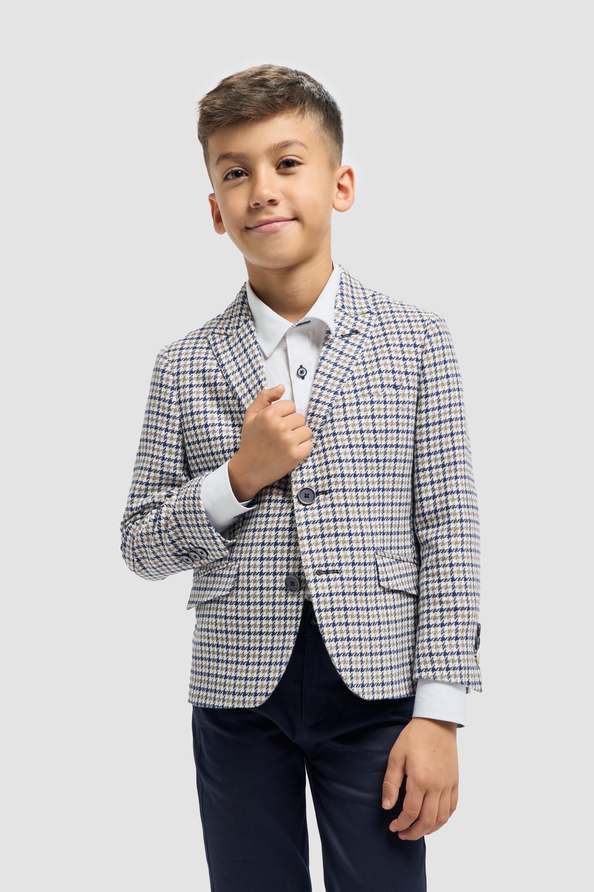 Boys’ Beige Cotton Houndstooth Blazer - Bartela