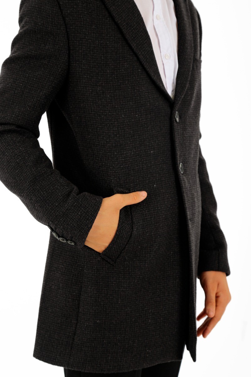 Boys Wool Tweed Patterned Midi Coat - Dark Brown and Black