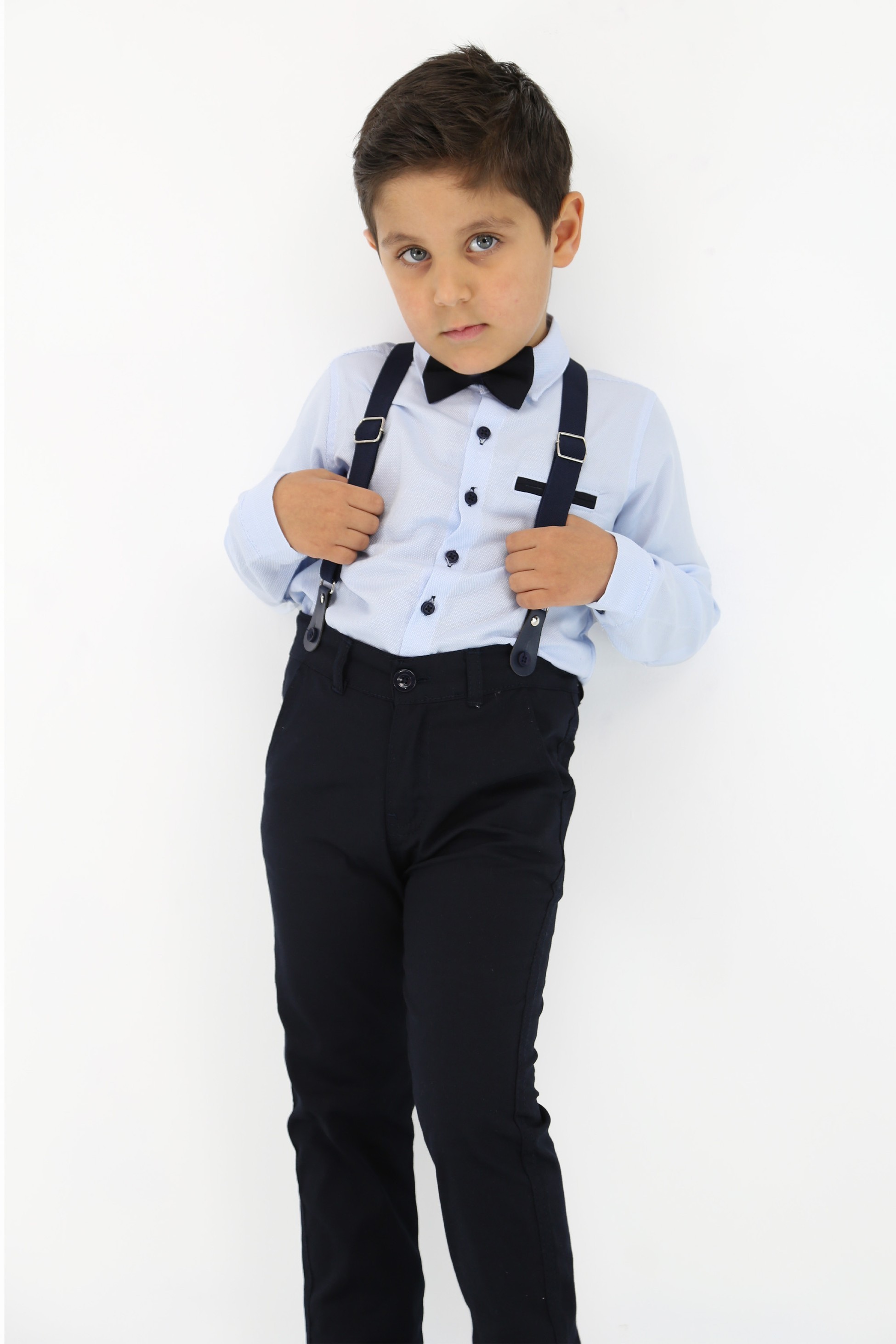 Jungen Hosenträger und Fliege 4-teiliges Festliches Set - OXFORD - Light Blue - Navy Blue