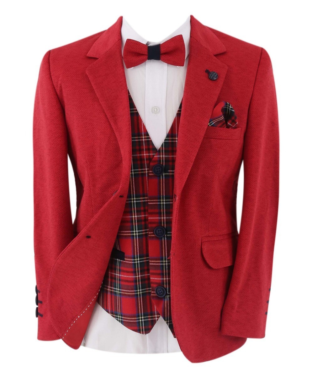 Costume Slim Fit à carreaux tartan pour garçons 6 pièces – Oliver - Rouge