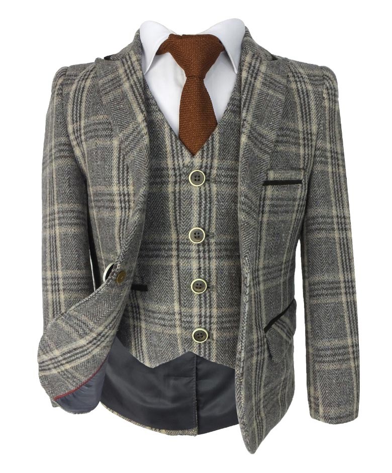 Boys Herringbone Tweed Check Suit with Elbow Patches - LUCAS