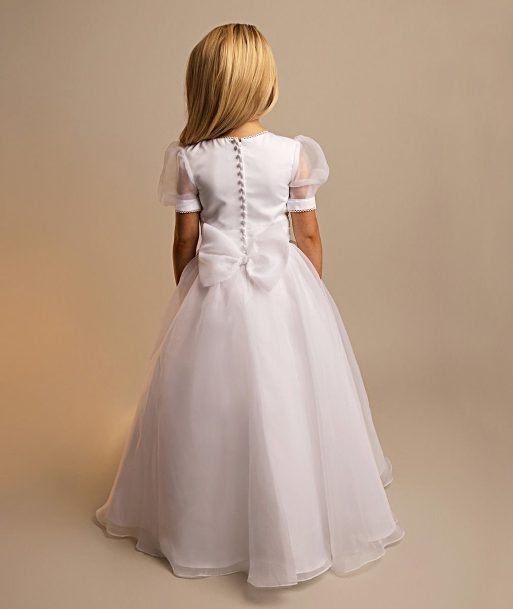 Robe de communion pour filles en tulle avec jupe et manches bouffantes blanches avec nœud - Maryam