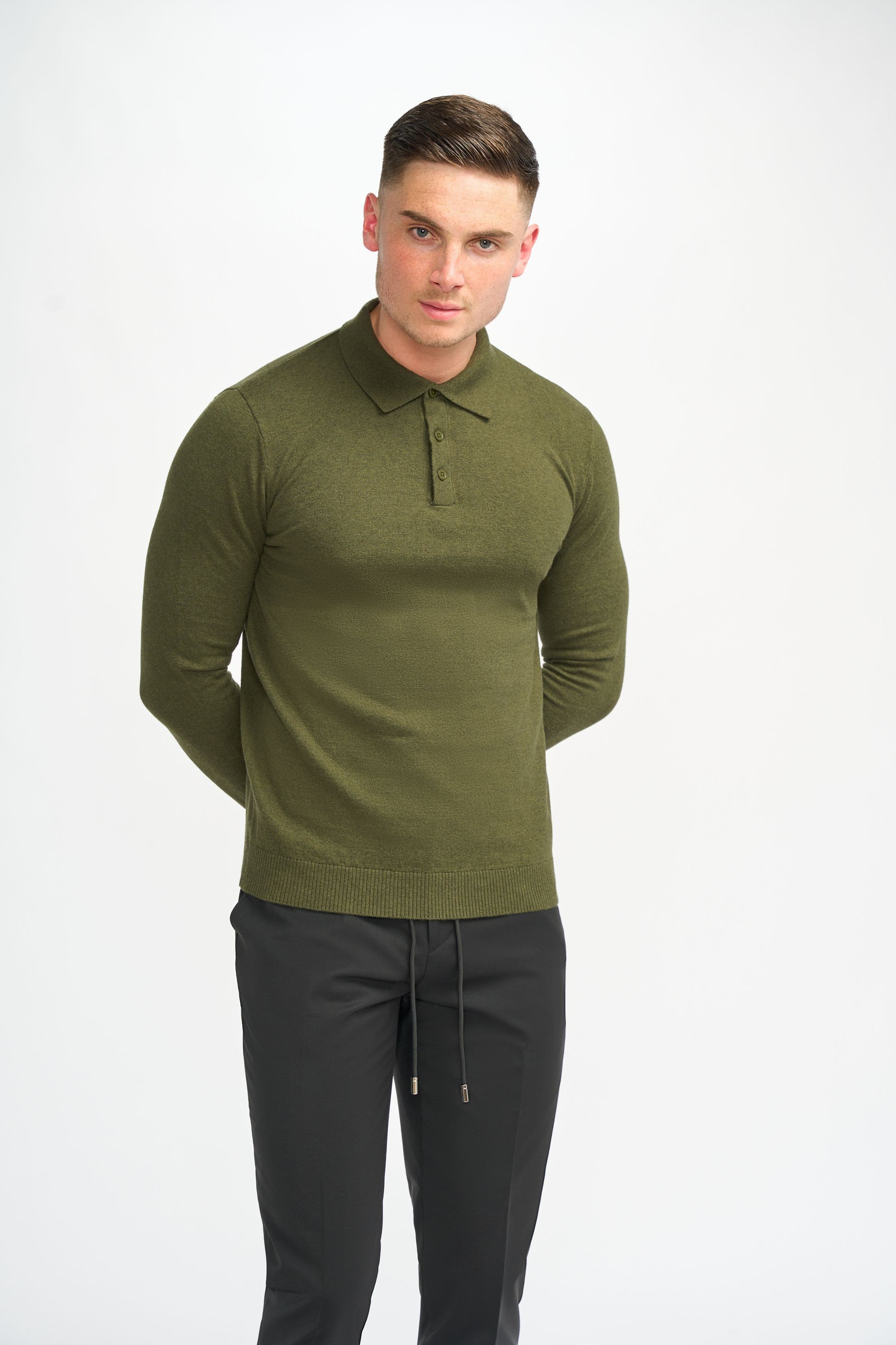 Men’s Wool Knit Long Sleeve Polo Shirt - Boom - Olive Green