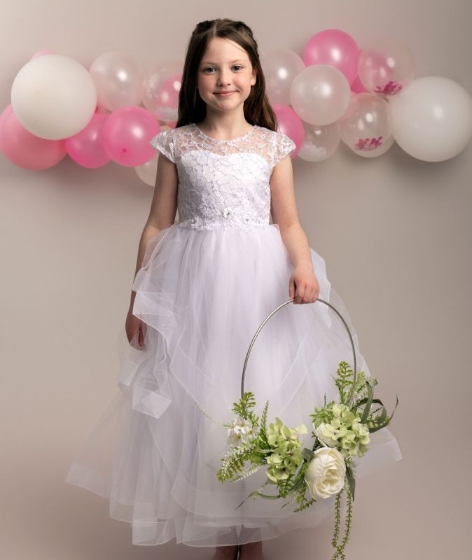 Girls White Layered Tulle Dress with Corset Back - TERRESA