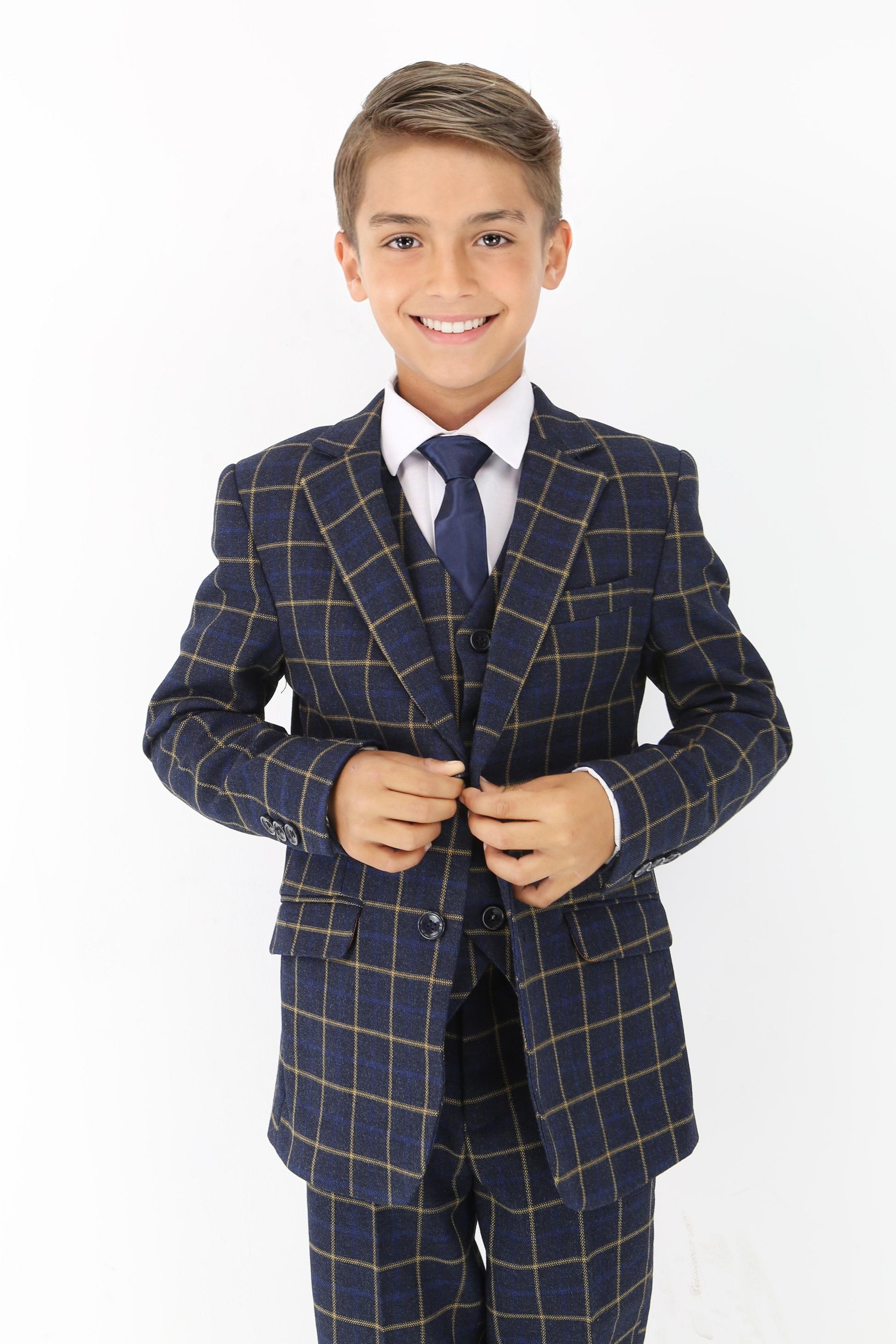 Boys Navy Blue Retro Check Suit