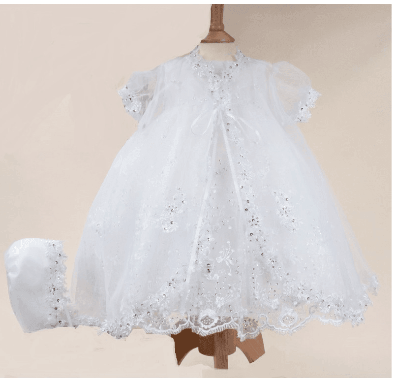 Baby Girls Sequin & lace Christening White Dress Set - 396