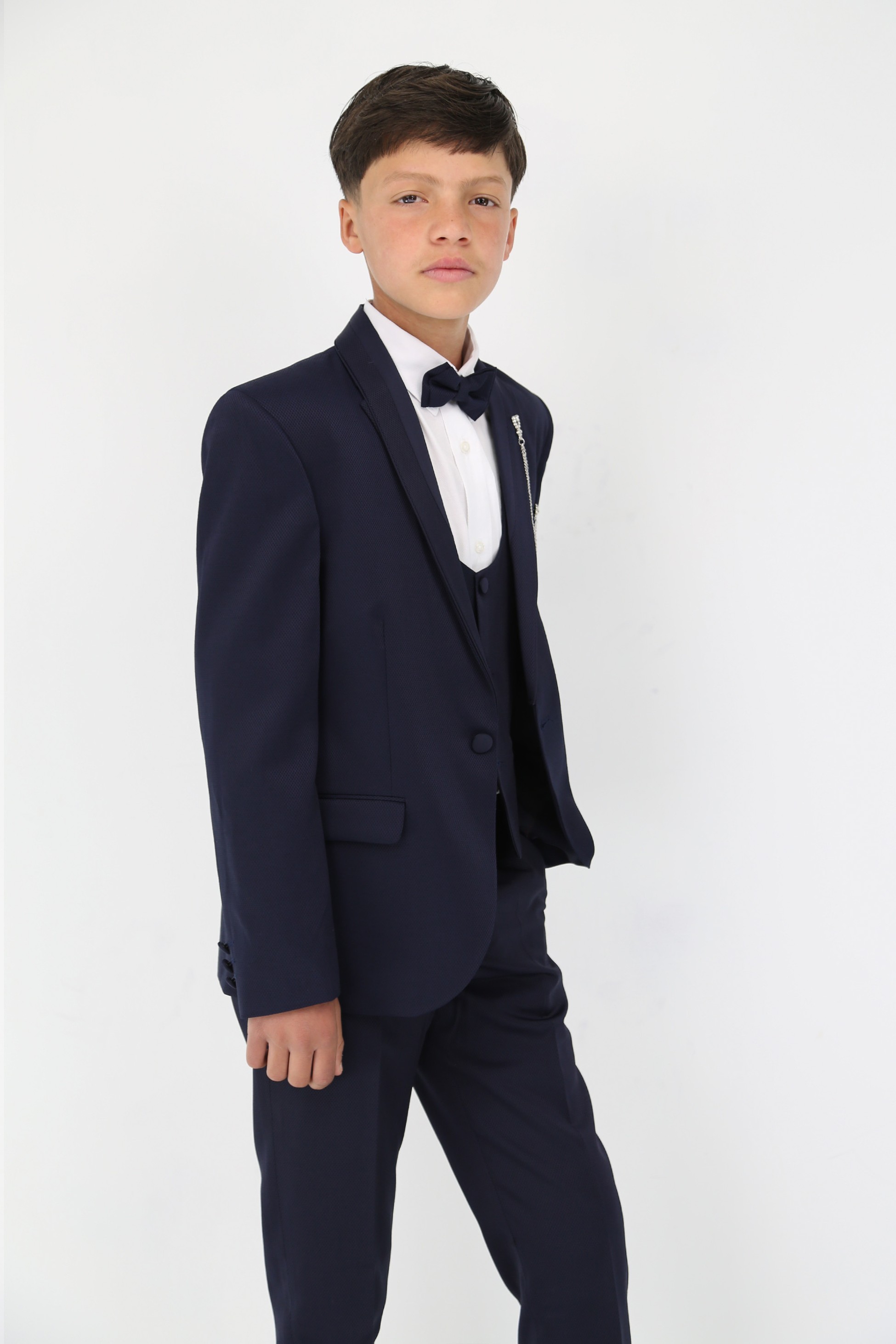 Jungen Satin Schal Revers Selbstgemustertes Smoking Anzug, 6-teiliges Set - Navy