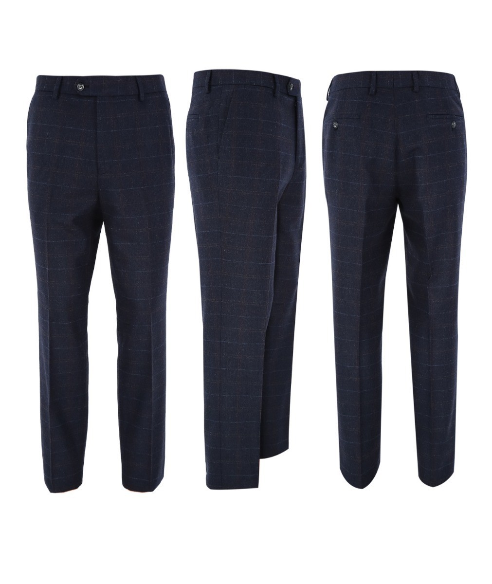 Men's Tweed Windowpane Tailored Fit Navy Pants - RYAN