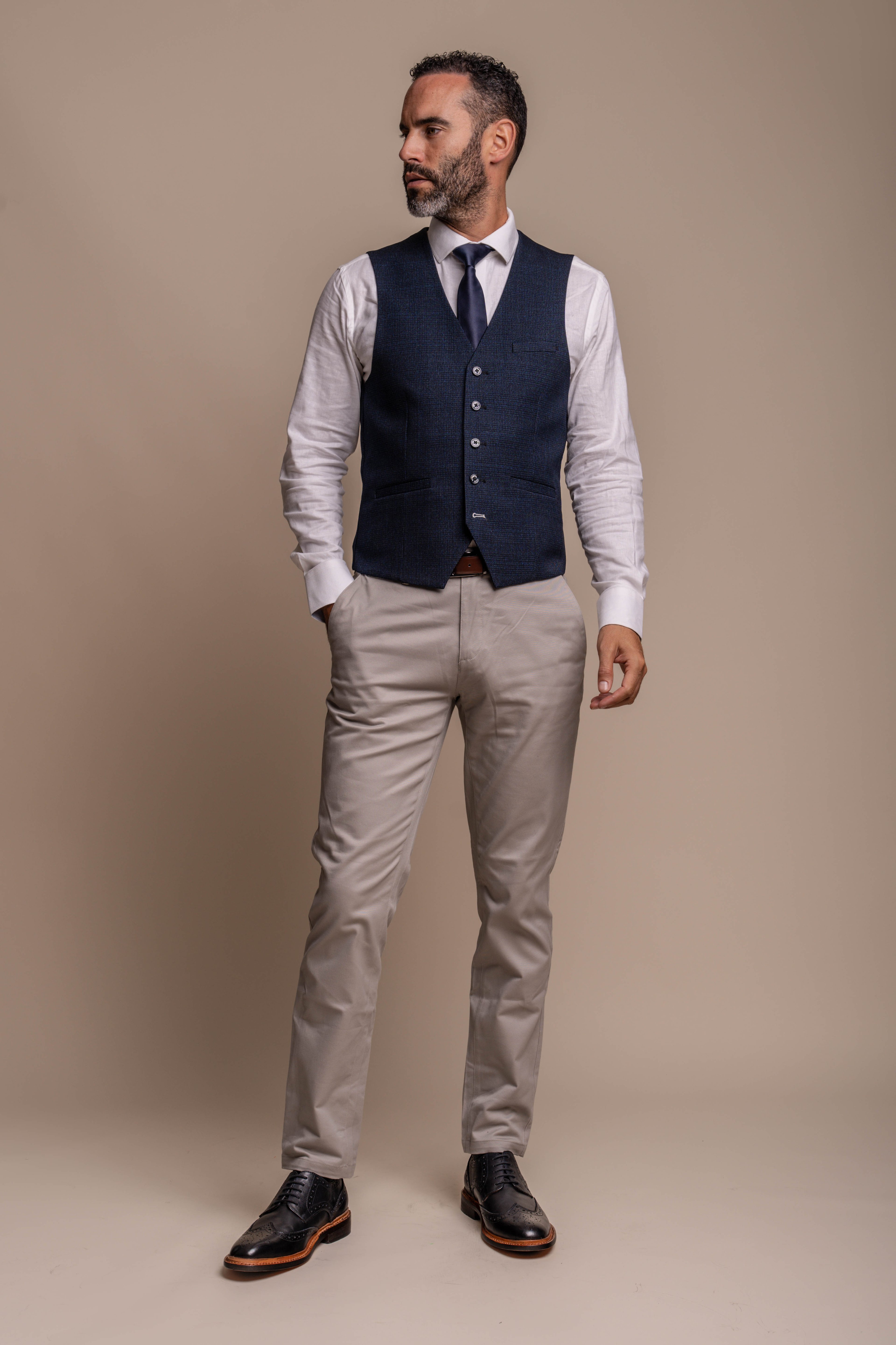 Ensemble Costume Combiné Tweed à Carreaux et Chino Beige pour Hommes - CARID