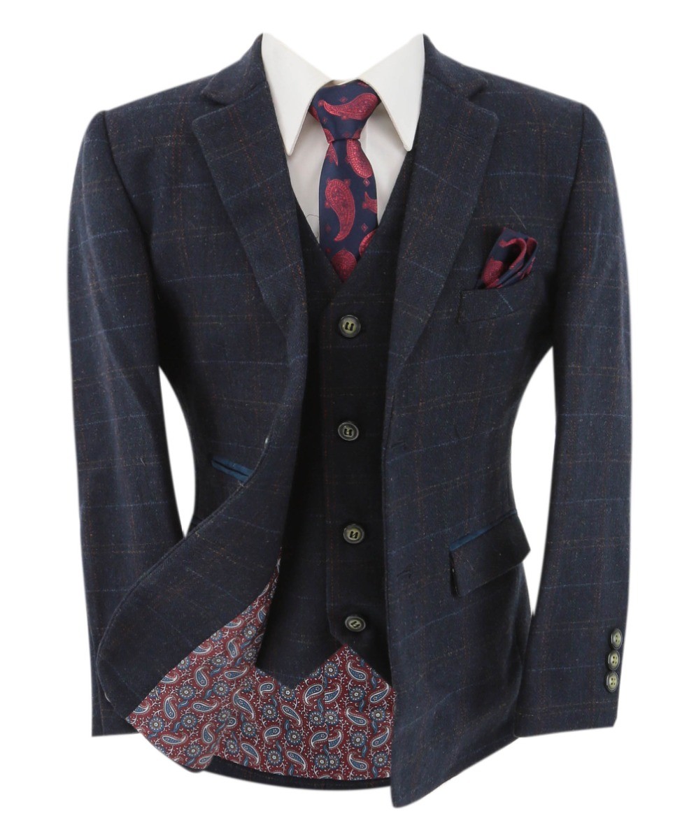 Boys Tweed Windowpane Check Tailored Fit Suit - Ryan Navy