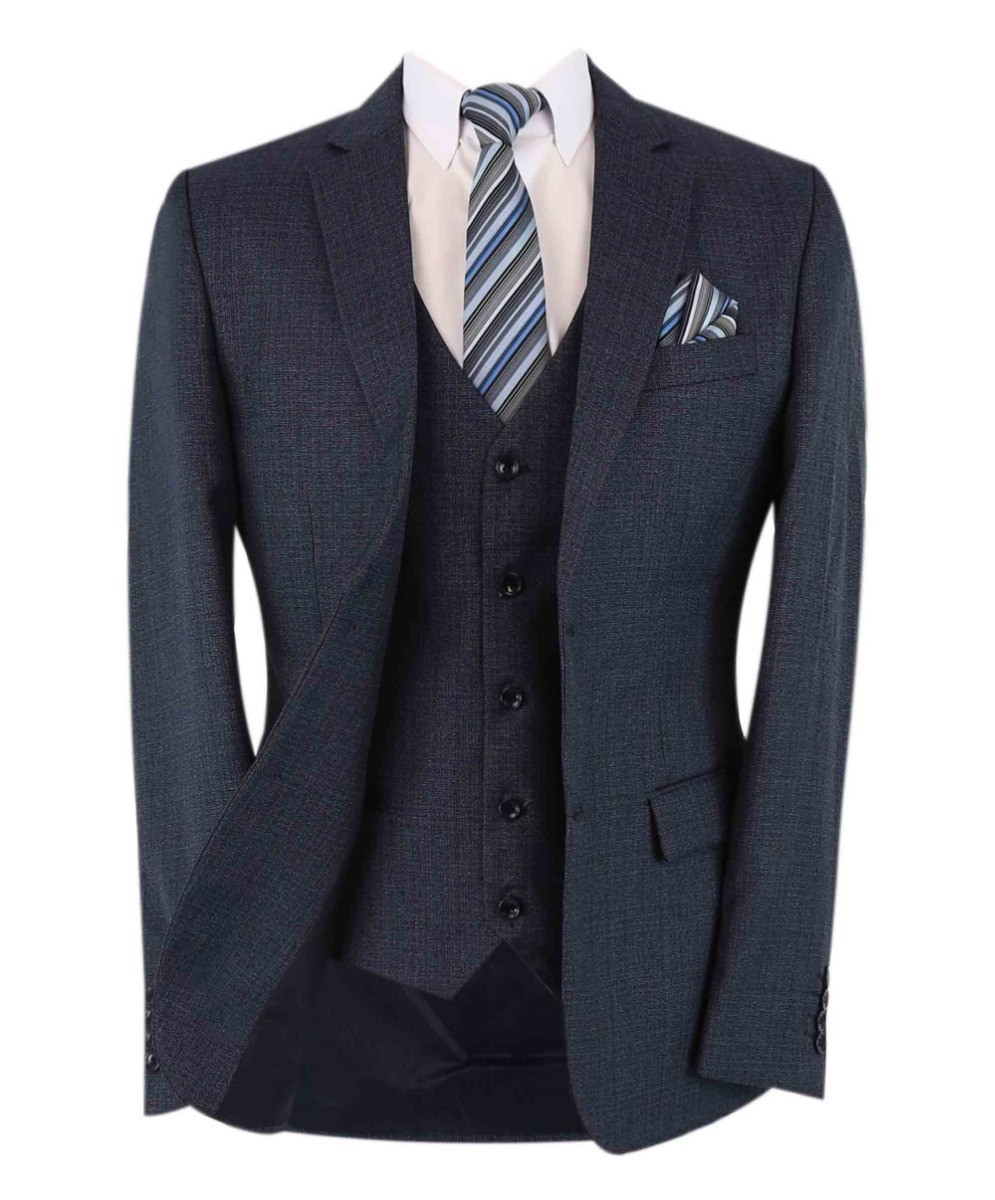 Men's Textured Tailored Fit Suit - ADRIAN - Navy blau