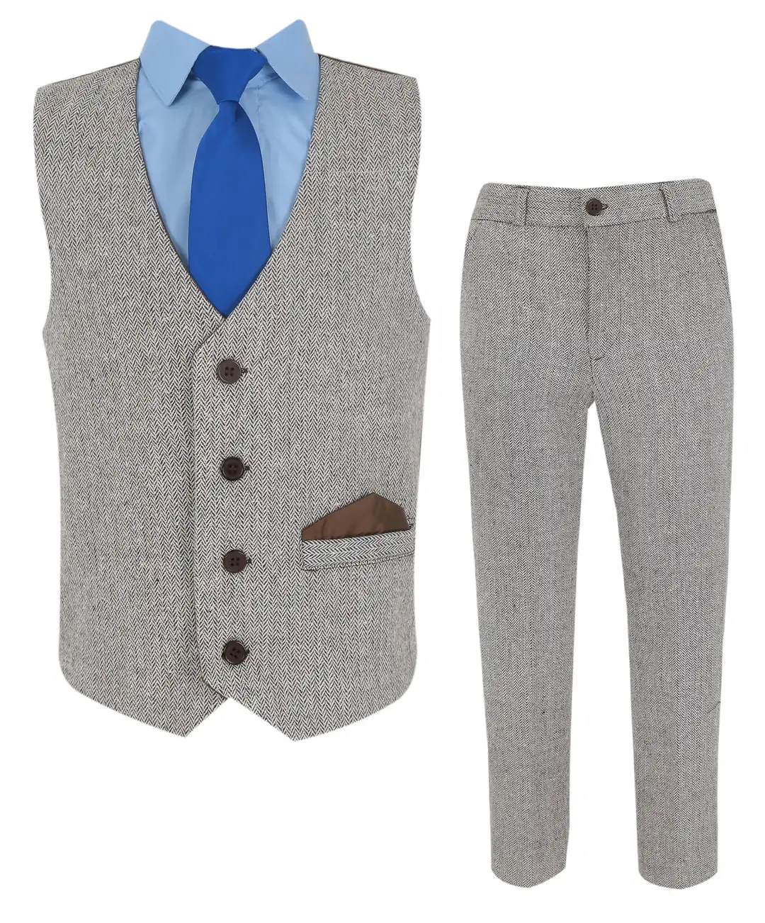 Boys Pageboy Wedding Herringbone Tweed Waistcoat Suit Formal 4 PC Set