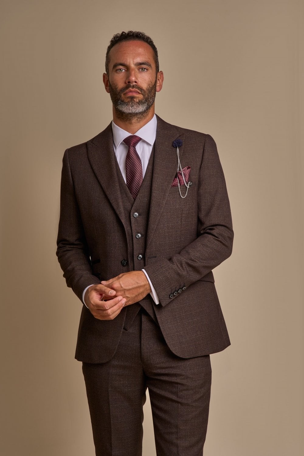 Men's Tweed Check Slim Fit Suit Jacket - CARIDI Brown