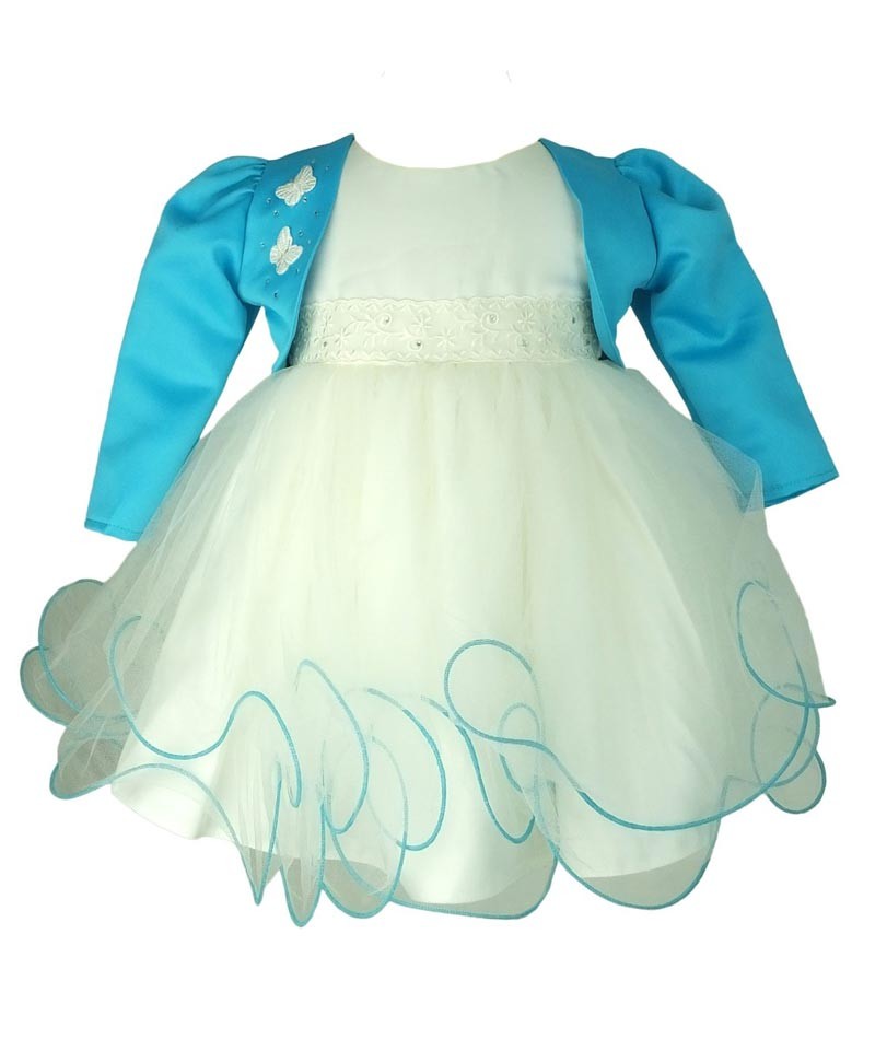 Baby Mädchen Kleid mit Blauem Schmetterling Bolero Jacke - Elfenbeinblau