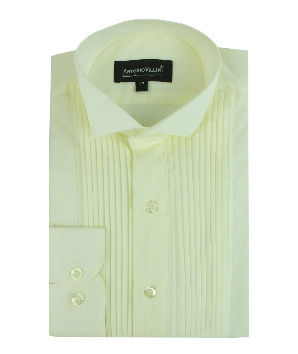 Boys Wing Collar Pleated Ivory Shirt - Cream - Ivory