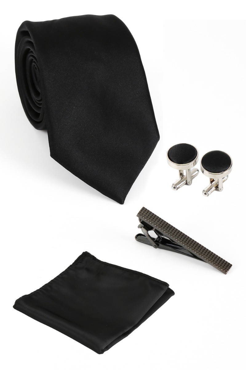Men's Satin Tie Cufflink 4 Piece Set - Black