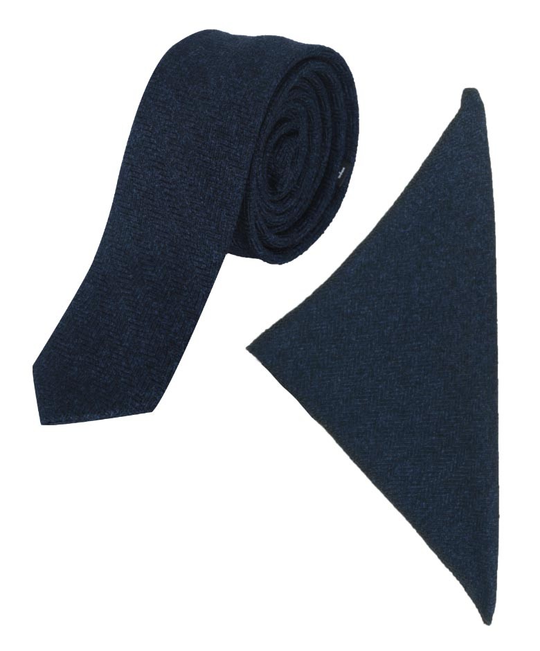 Schmale Tweed-Krawatte und Einstecktuch mit Fischgrätenmuster für Herren und Jungen - Navy blau