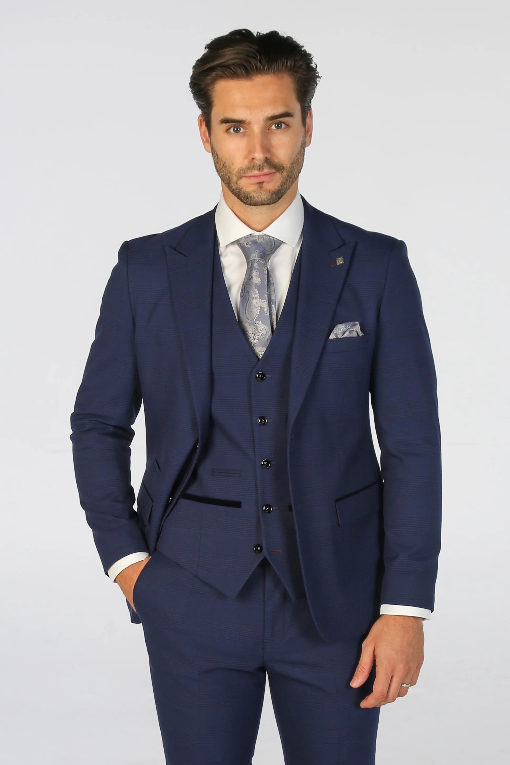 Men's Tailored Fit Navy Blue Check Suit - MARK