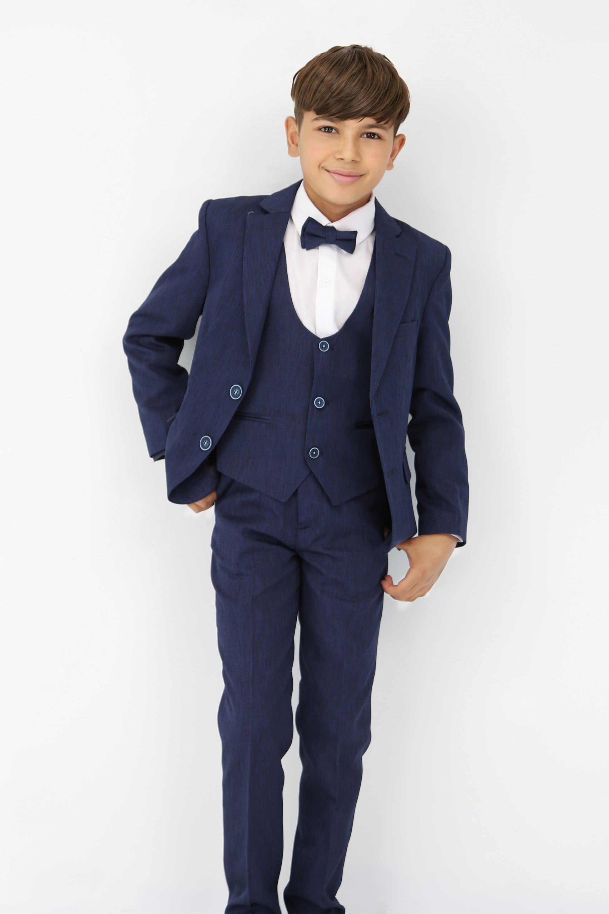 Slim-Fit Jungen Anzug 5-teilig mit Selbstmuster - Navy