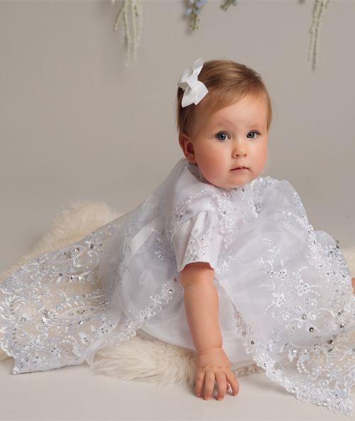 Ensemble Robe de Baptême Blanche à Paillettes pour Bébé Fille - L528