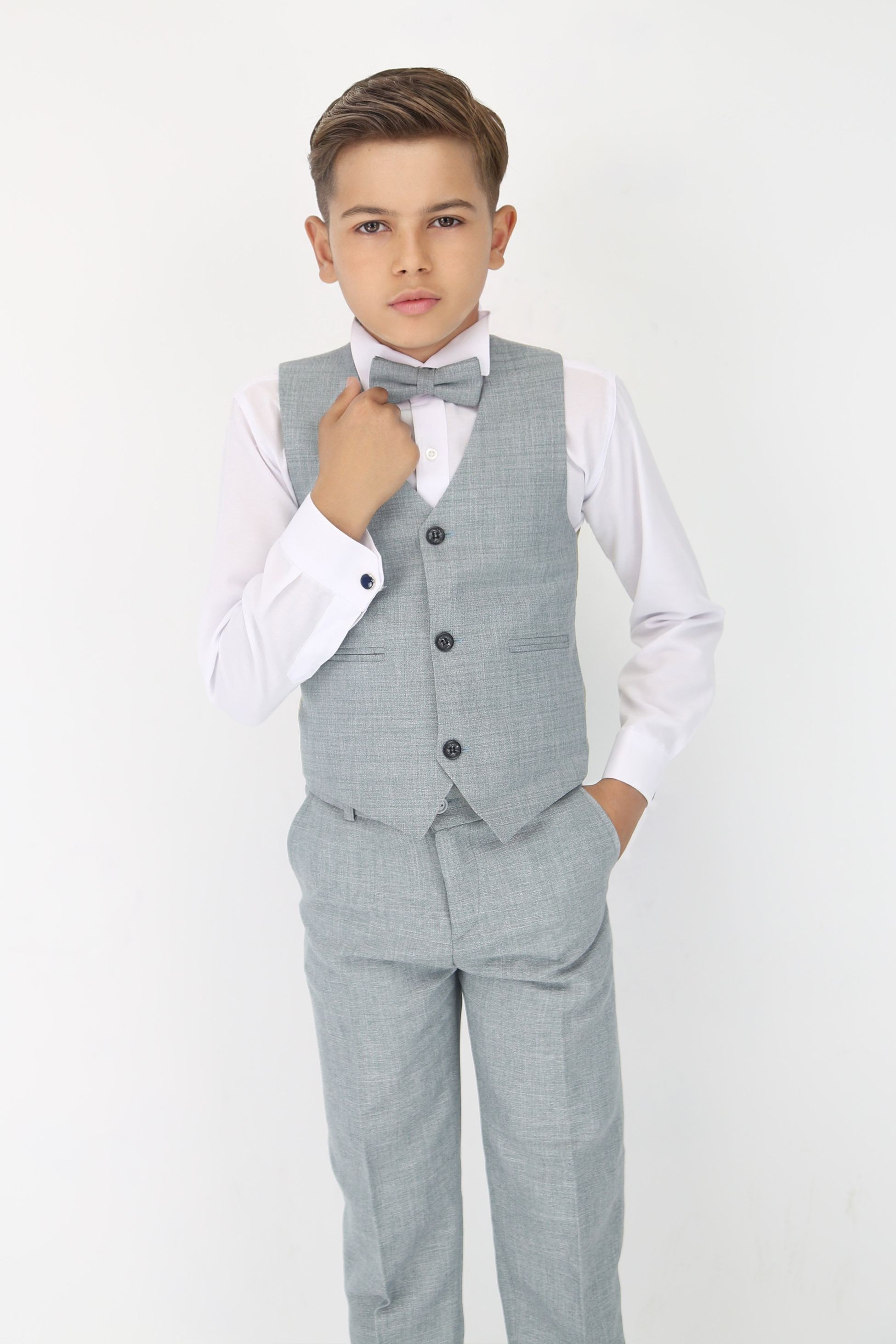 Boys Slim Fit Textured 6-Piece Formal Suit Set - Grey