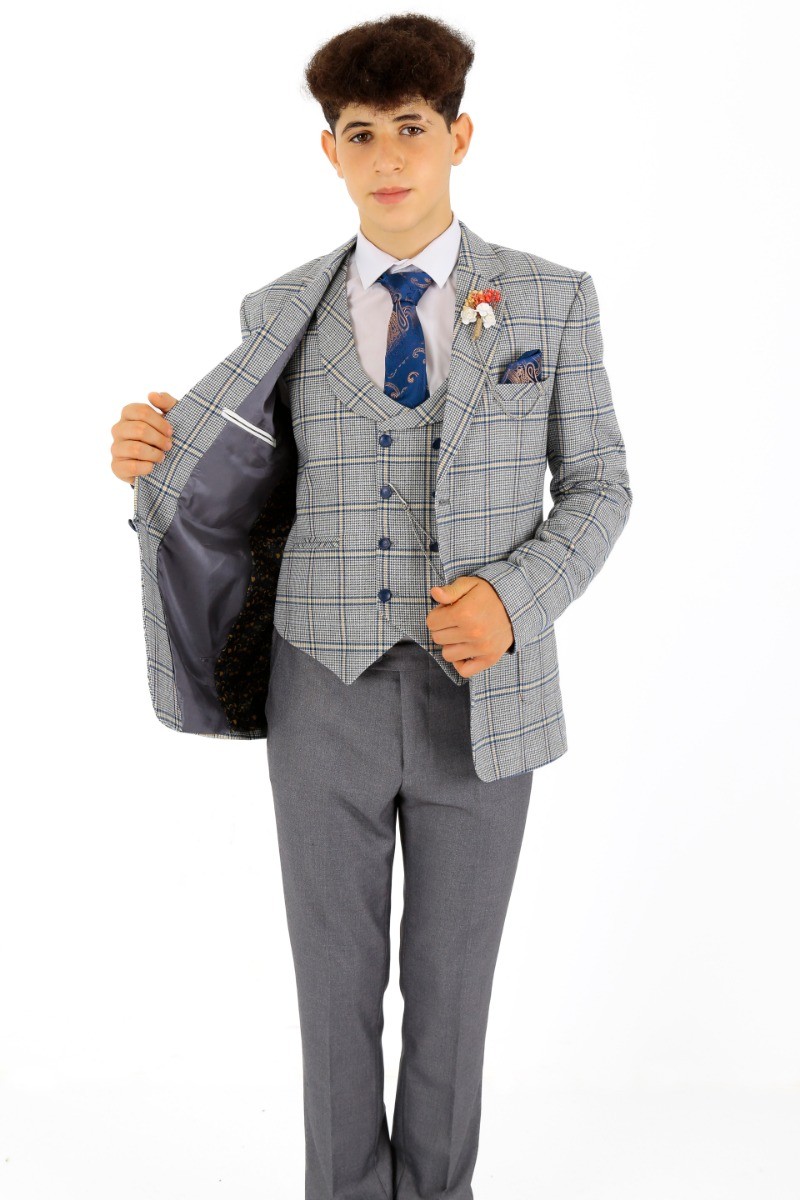 Jungen Slim-Fit Anzug mit Fensterkaro - Blau grau