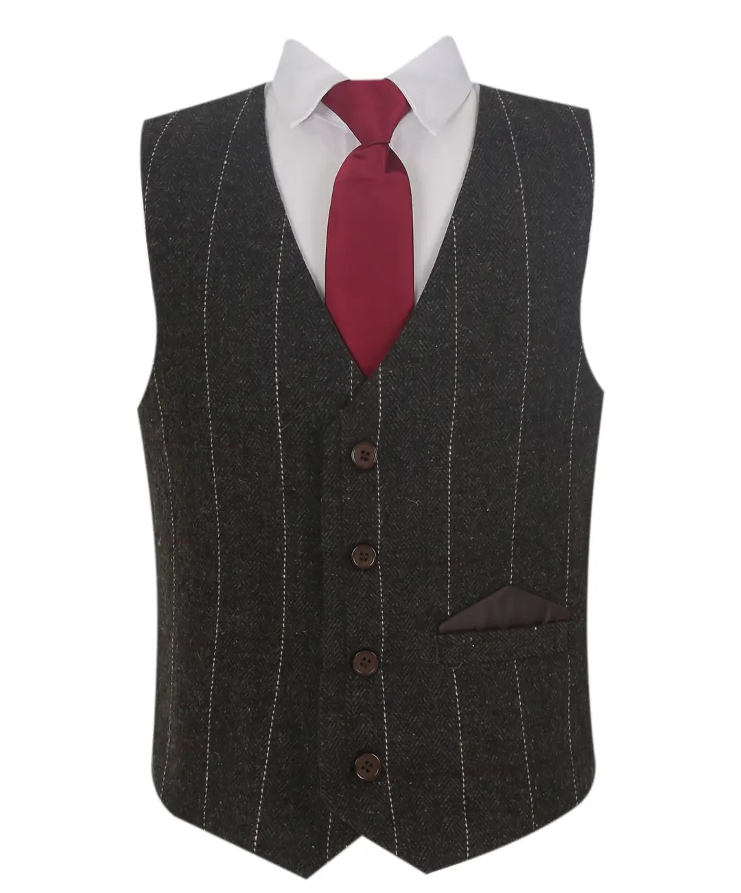 Boys Pageboy Wedding Check Tweed Waistcoat Suit 4 PC Set in Dark Brown