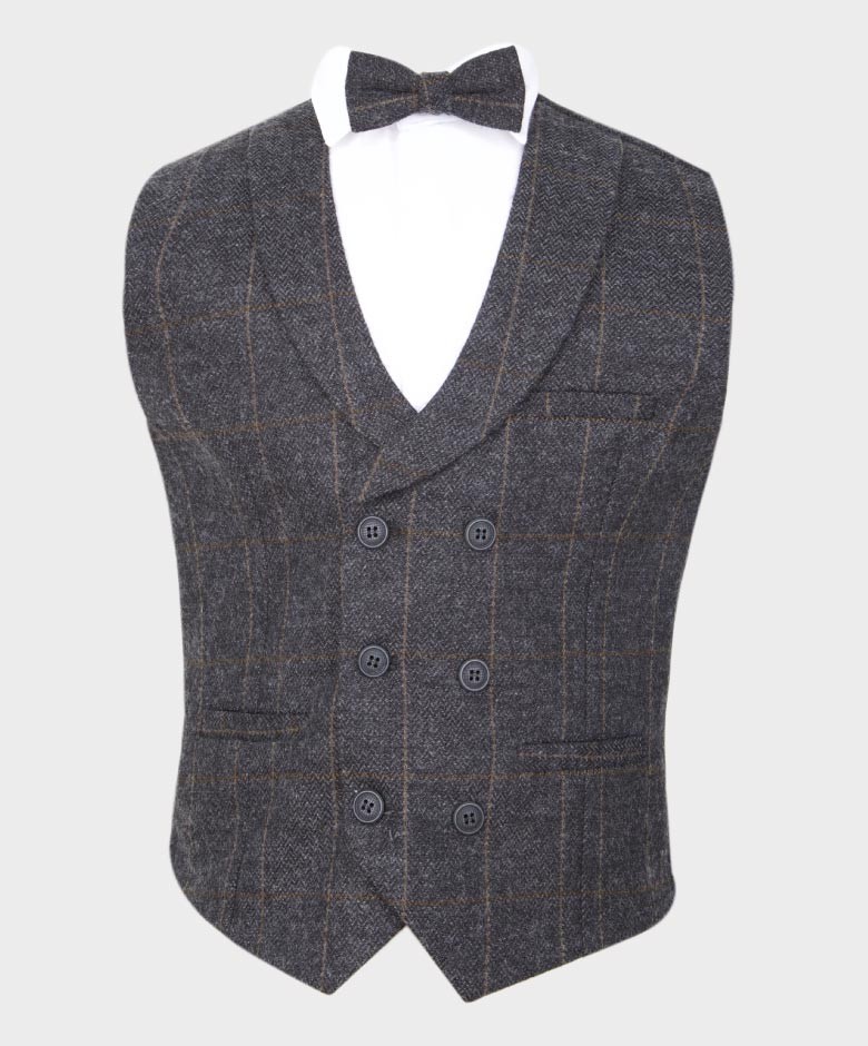 Boys Herringbone Check Double-breasted Vest Suit Set