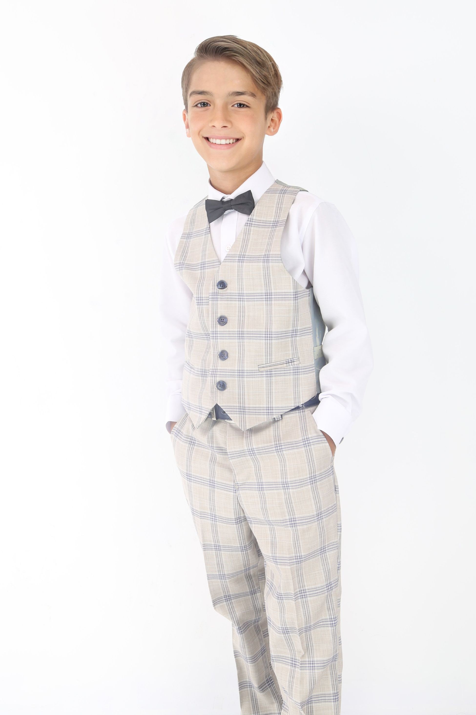 Boys Beige & Blue Plaid Check Suit