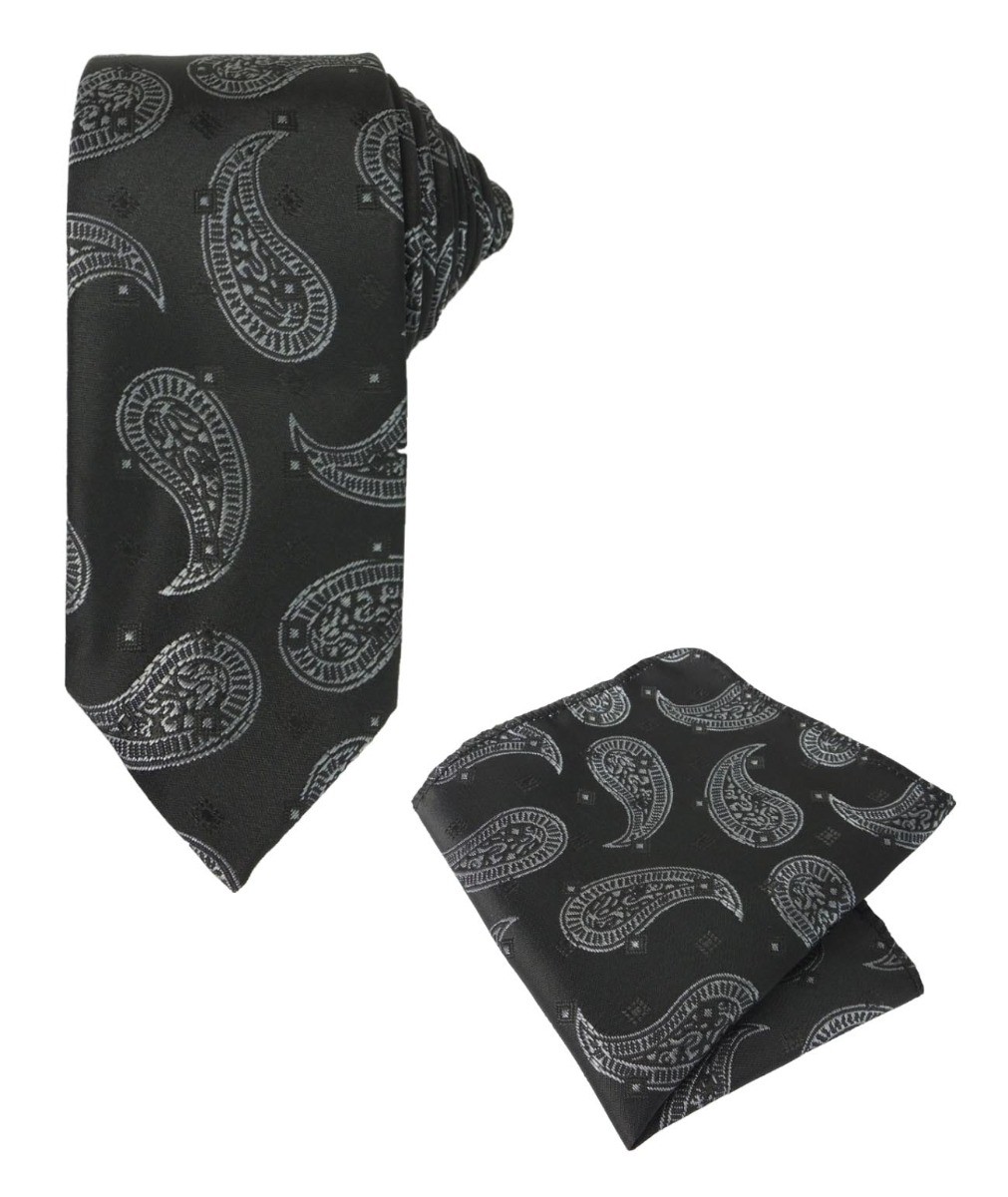 Ensemble cravate et mouchoir de poche formel avec motifs paisley pour garçons et hommes - Noir blanc