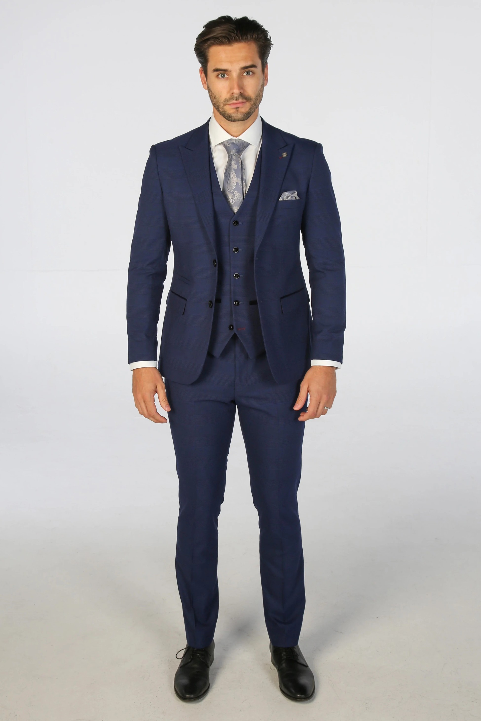 Men's Tailored Fit Navy Blue Check Suit - MARK