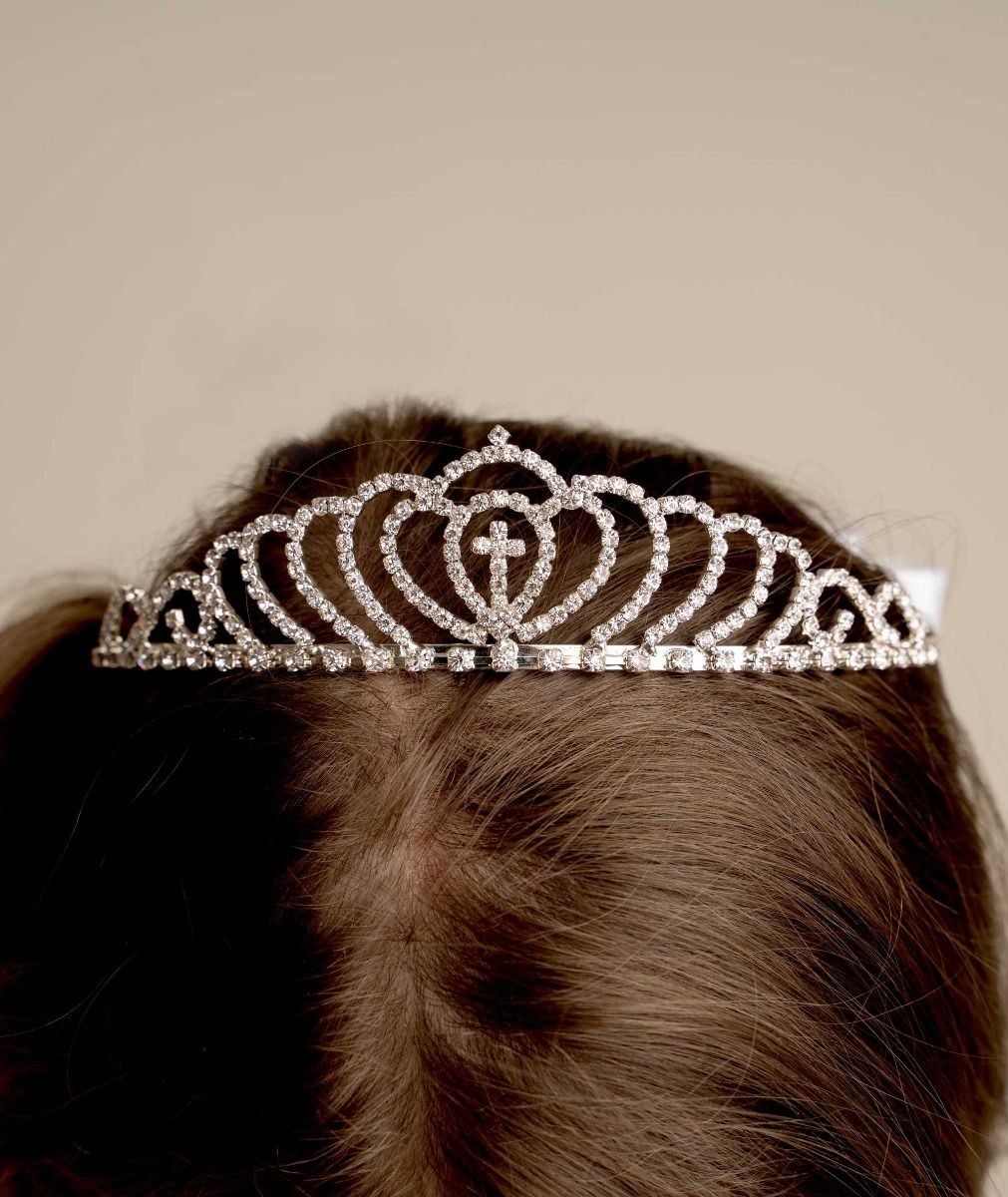 Mädchen Weißes Kristallkreuz Tiara Schleier - CMV802