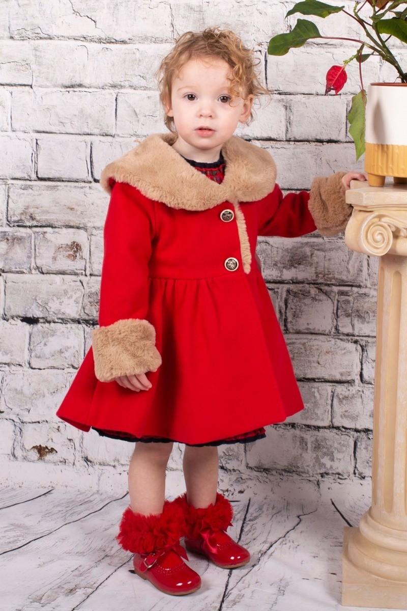 Girls Fur Midi Dress Coat 2 Piece Set - Red