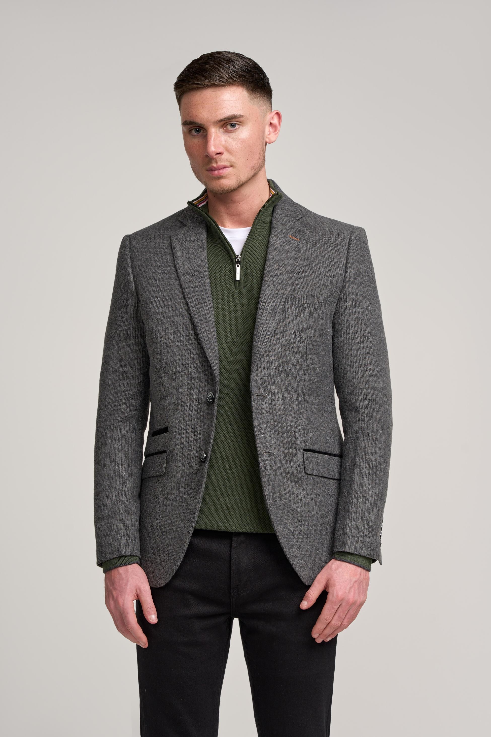 Men’s Grey Herringbone Tweed Suit Jacket - COSMO