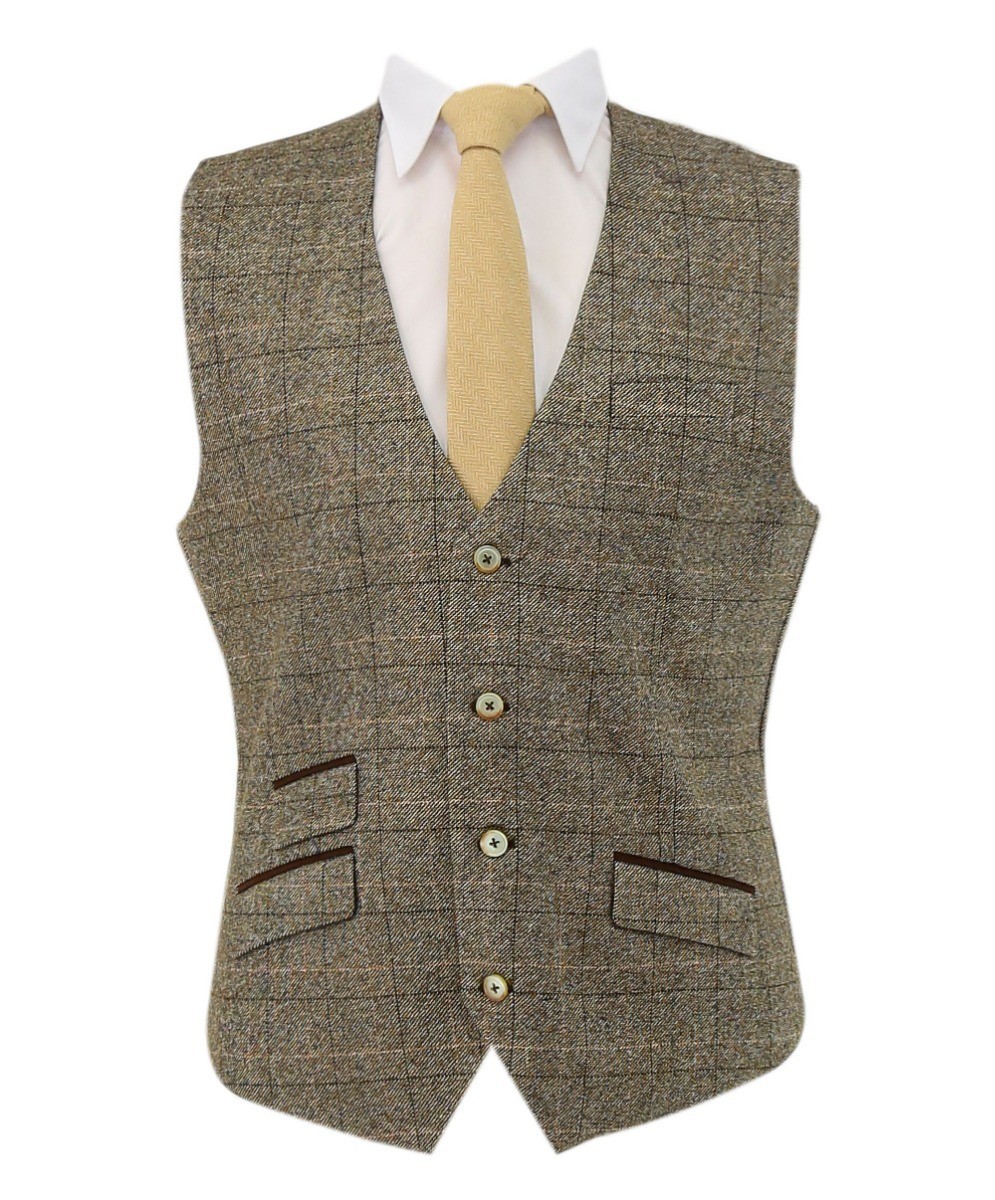 Men's Tweed Windowpane Check Vest - LIAM Beige