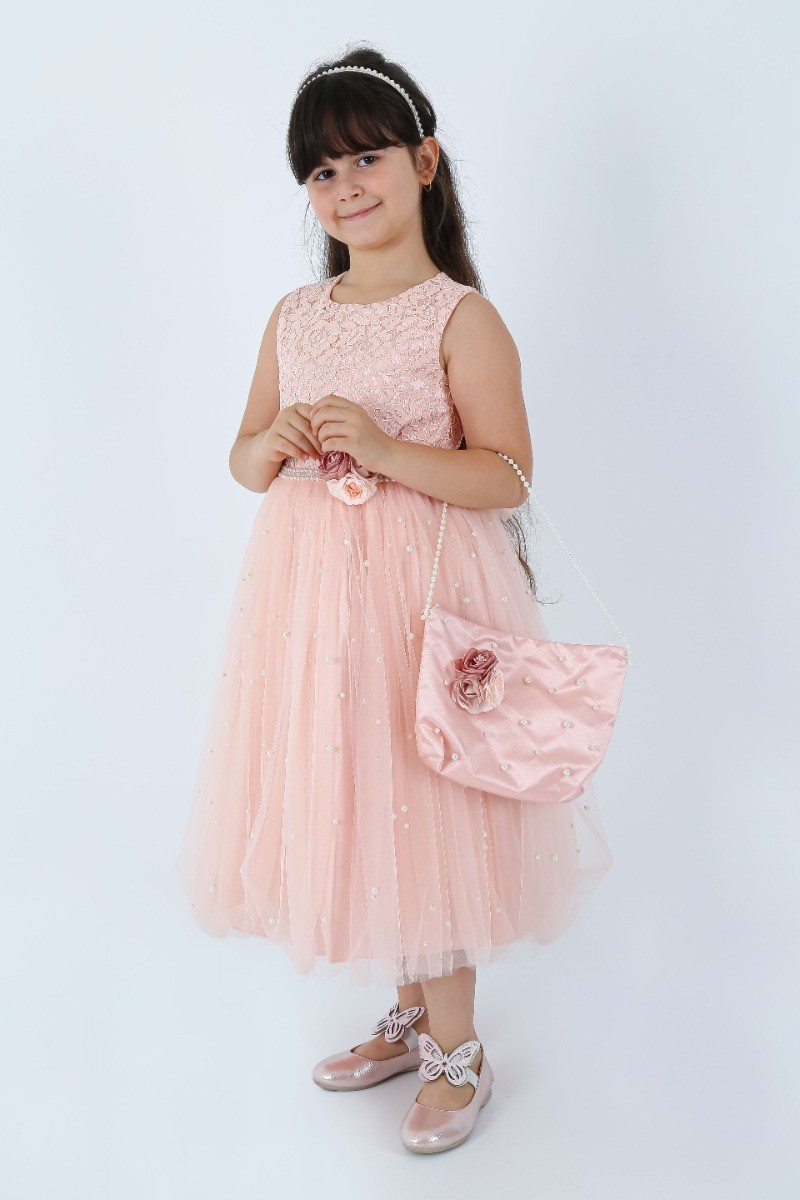 Girls Sleeveless Lace Dress Set In Peach Pink