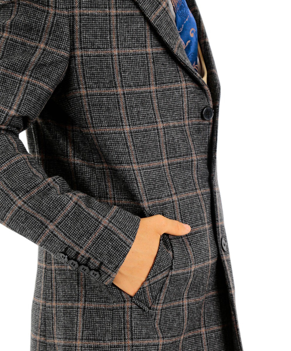 Mantel für Jungen aus WollTweed mit Karomuster Slim Fit - Dunkelgrau