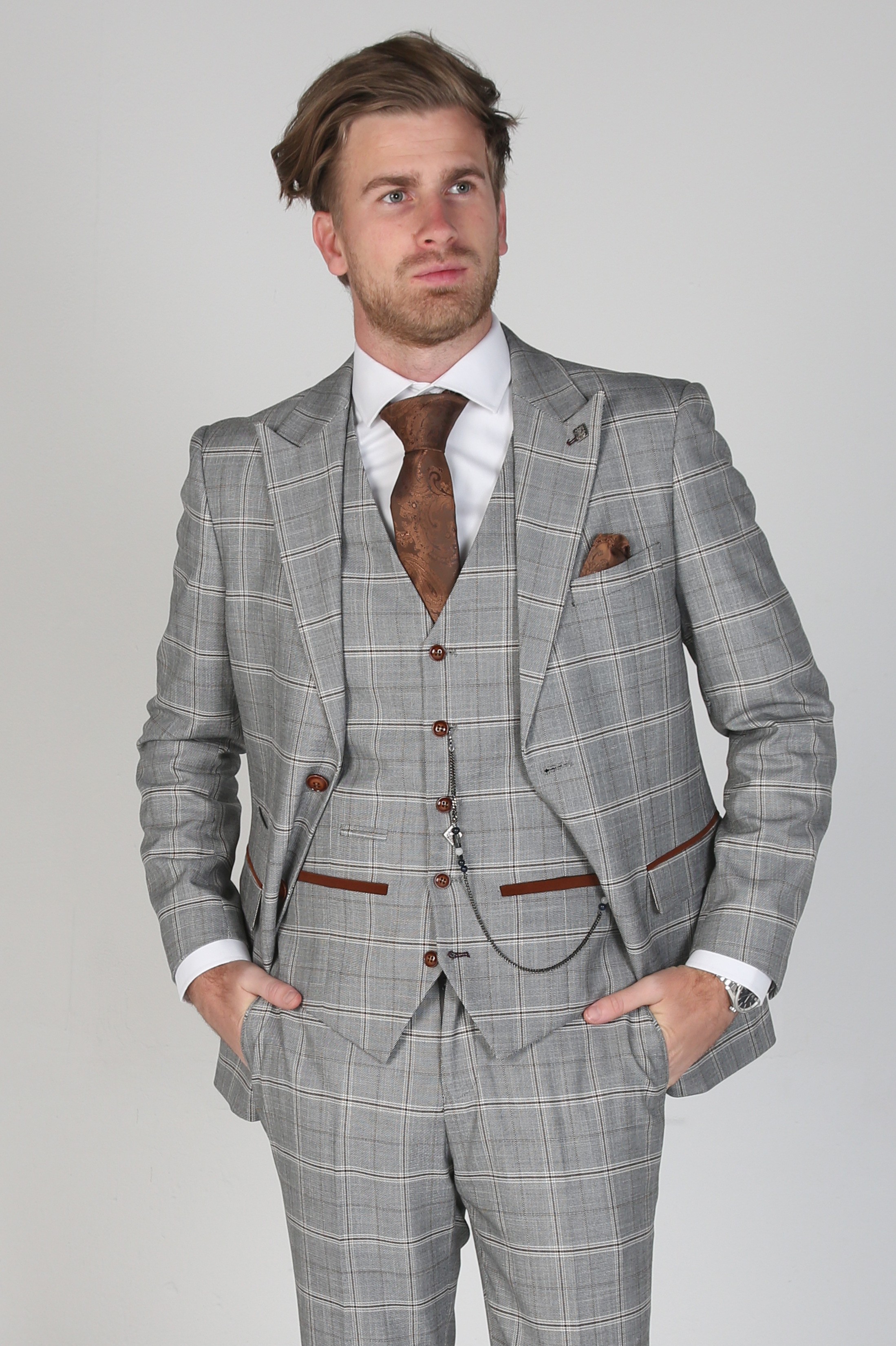 Men's Windowpane Check Grey Suit - FRANCIS