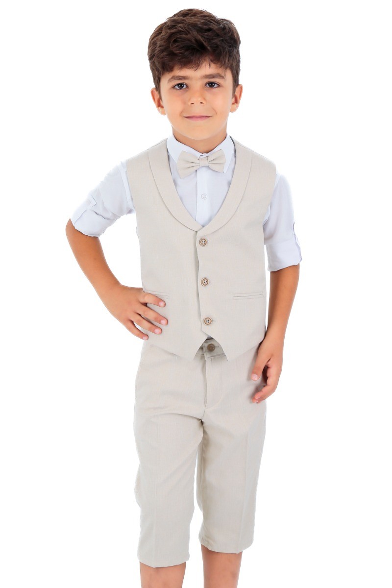 Boys Linen Vest Suit Set  - Light Beige