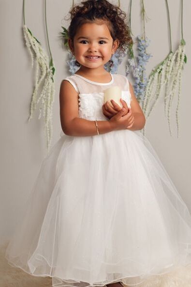 Girls Ivory Floral Appliqué Dress with Glitter Tulle - JESSICA