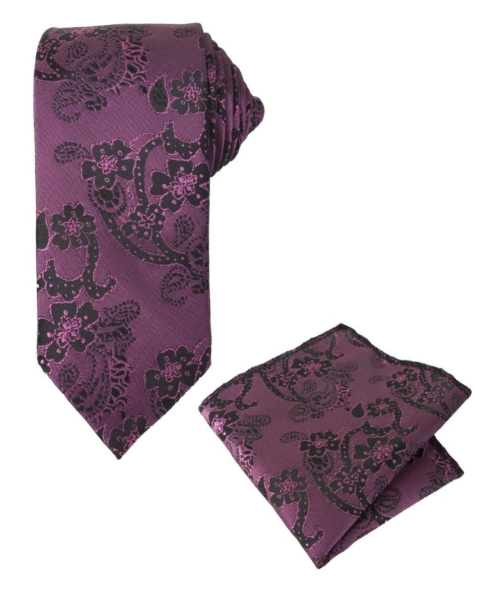 Ensemble cravate et mouchoir de poche formel avec motifs paisley pour garçons et hommes - Violet - violet