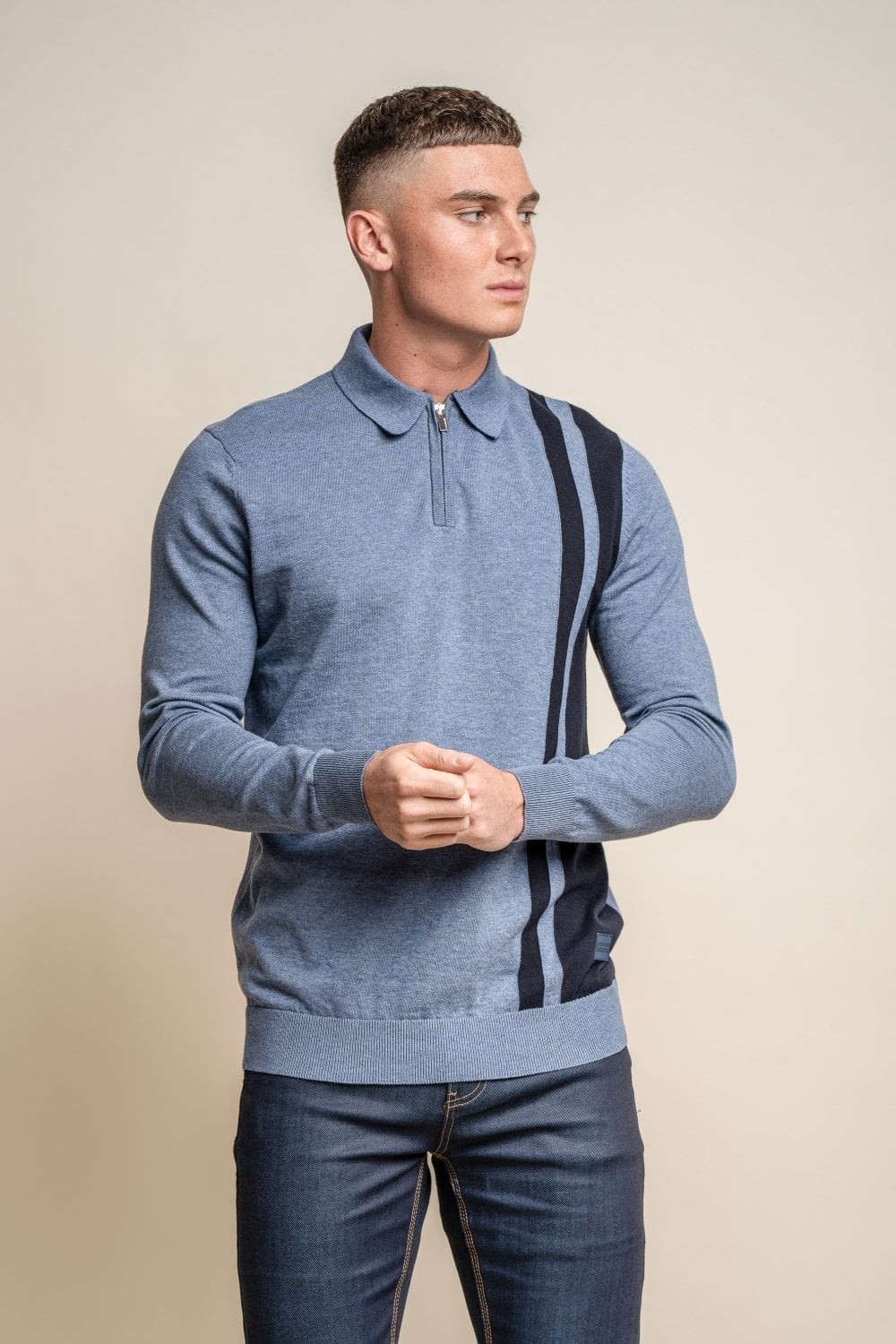 Pull à rayures latérales en coton pour homme - DIABLO - Mi-bleu