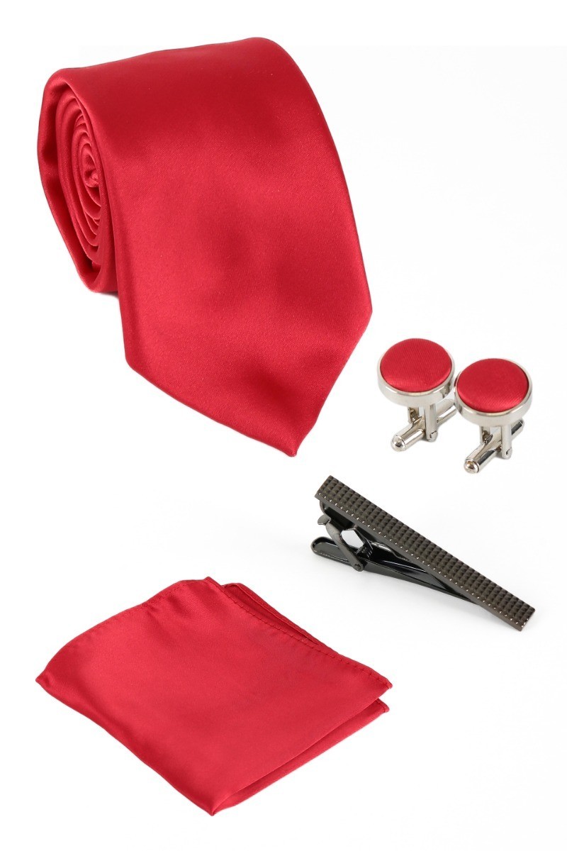 Men's Satin Tie Cufflink 4 Piece Set - Red