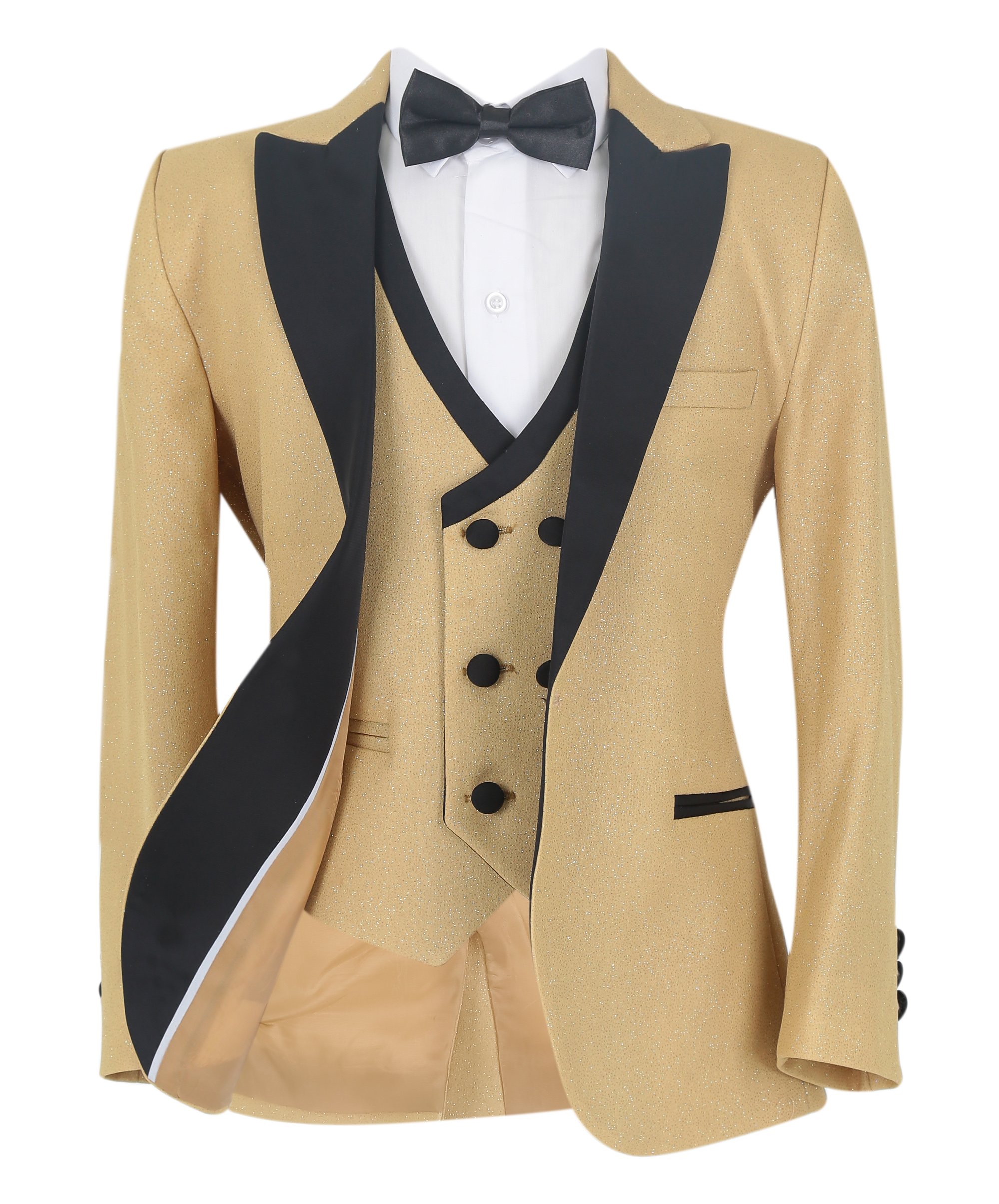 Boys Glittery Slim Fit Tuxedo Dinner Suit - Gold