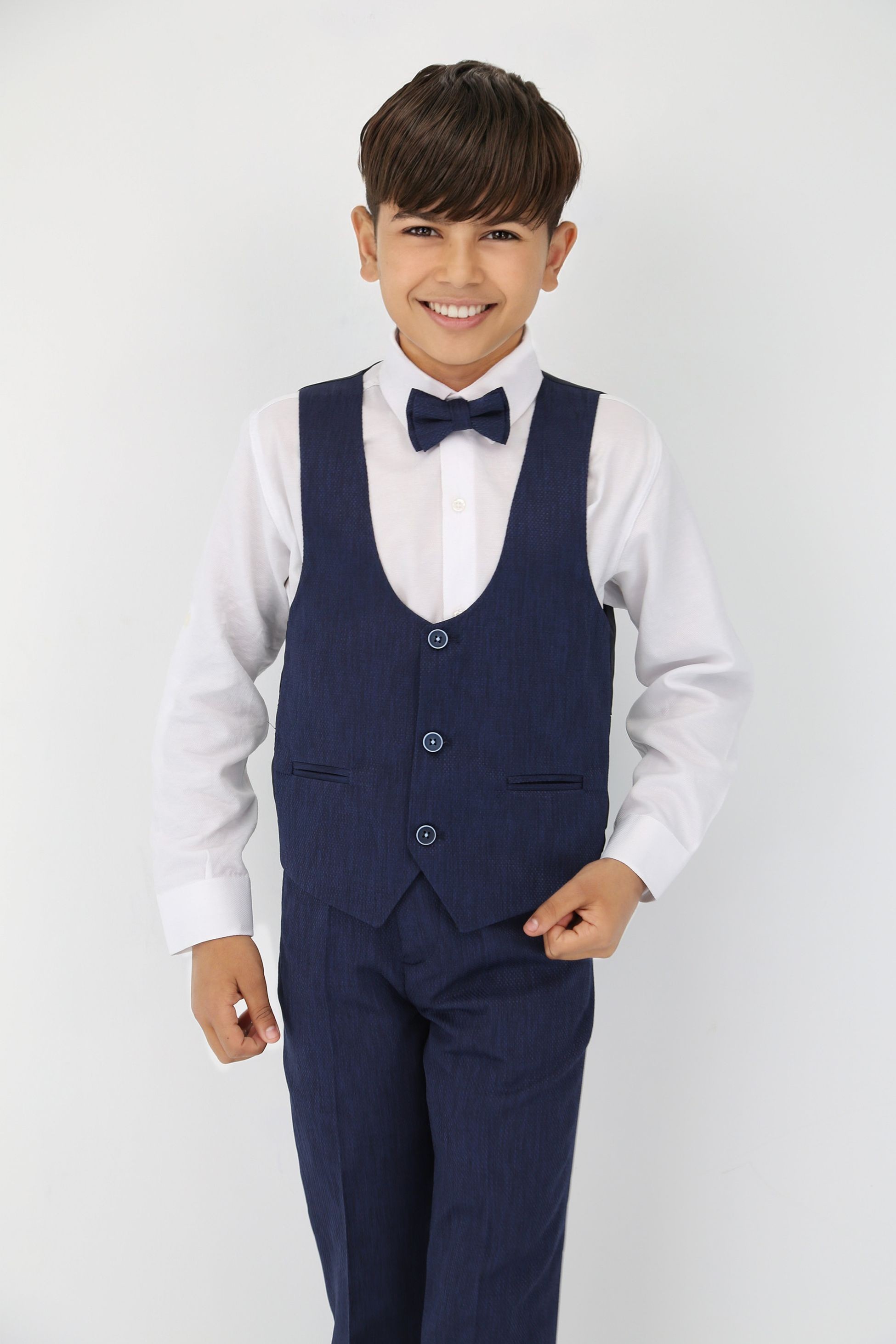 Slim-Fit Jungen Anzug 5-teilig mit Selbstmuster - Navy