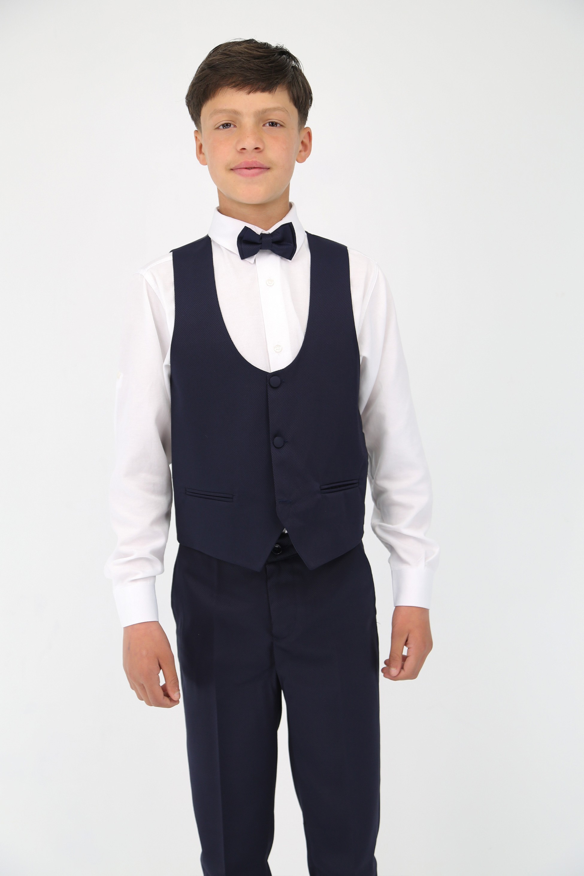 Jungen Satin Schal Revers Selbstgemustertes Smoking Anzug, 6-teiliges Set - Navy