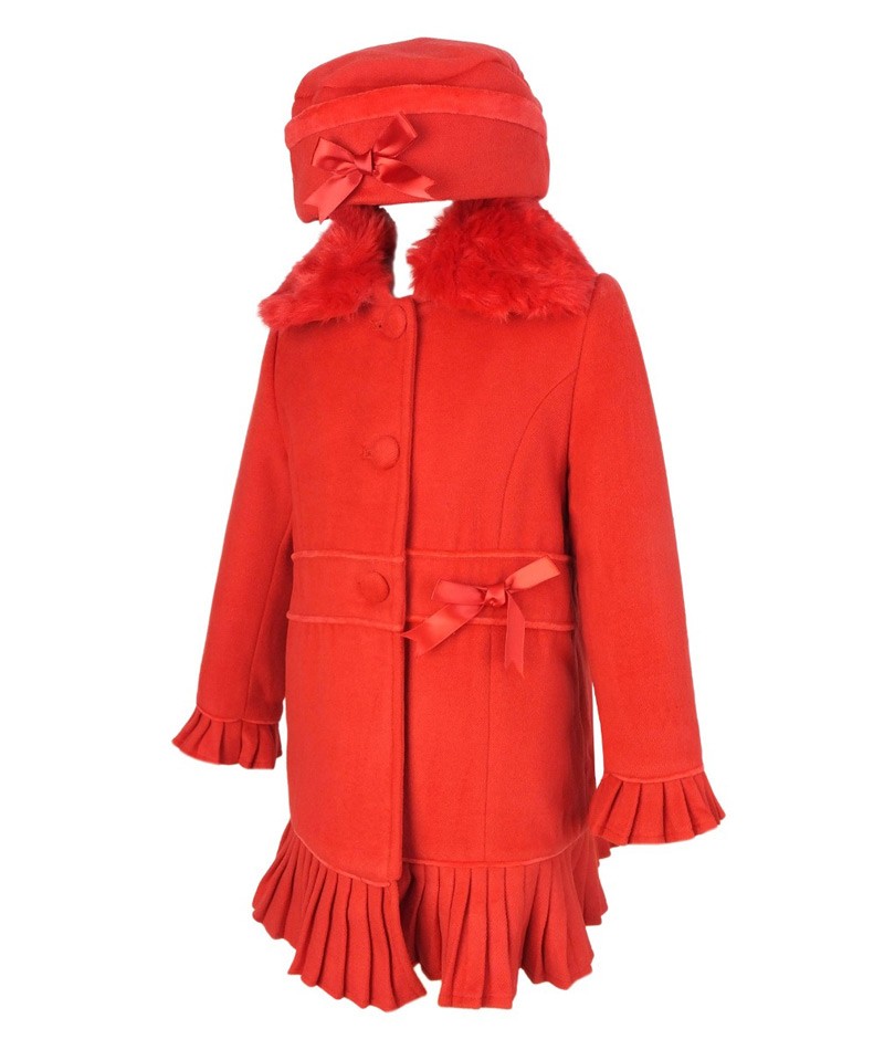 Girls Coat with Detachable Fur Collar and Hat Set - Red