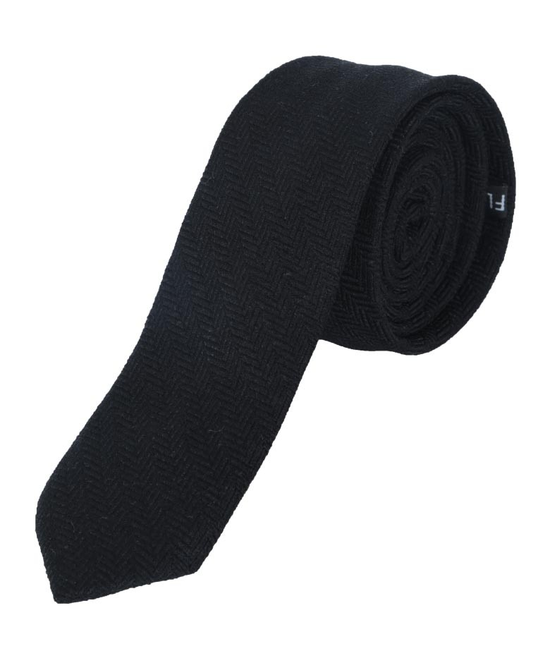 Schmale Tweed-Krawatte und Einstecktuch mit Fischgrätenmuster für Herren und Jungen - Schwarz